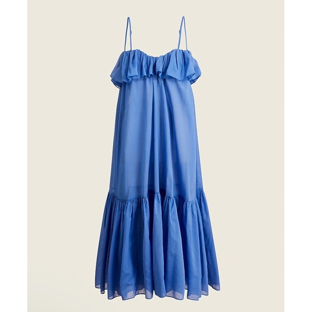 J.Crew Blue Ruffle Sheer Spaghetti Strap‎ Midi Dress Boho Casual Coastal Medium
